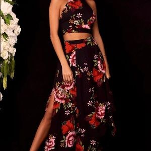 Lulu’s Valeria Black Floral Two-Piece Maxi Dress